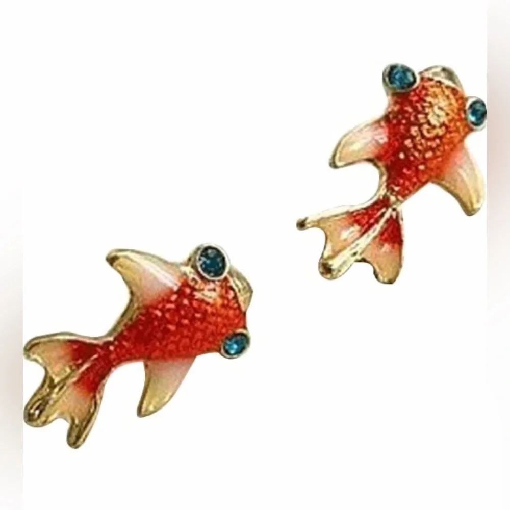 “Goldfish” Orange Scaly Blue-Eyed Rhinestone Fish Ocean Dainty Mini Cutesy Studs - Picture 6 of 10